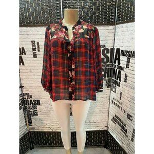 Persaya M Red Plaid & Floral Sheer Split Neck Step-Hem 3/4 Sleeve Top